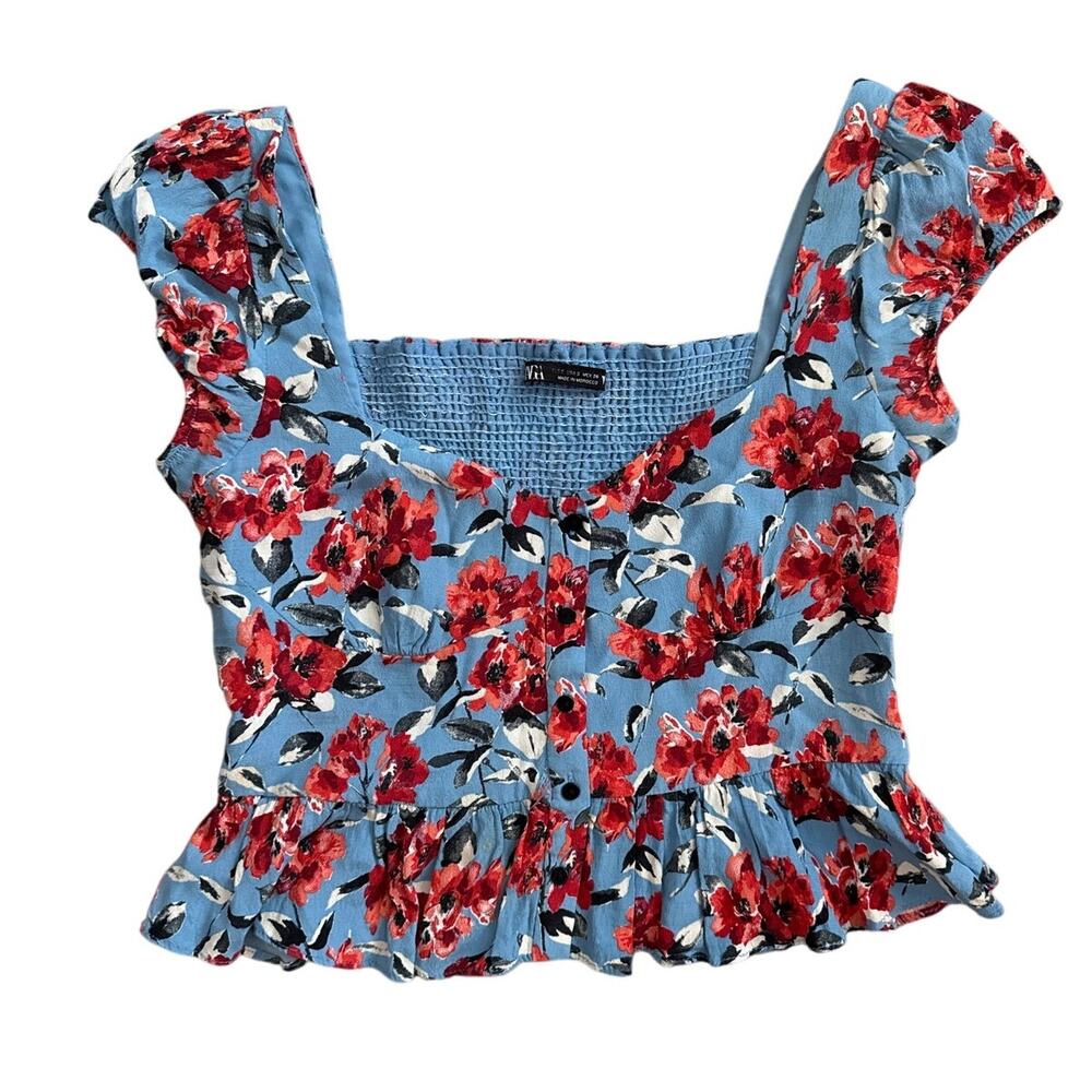 Zara Smocked Back Floral Cropped Top Red‎ & Blue Size Small - Picture 4 of 11